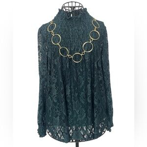 Cable & Gauge Emerald Green Lace Women's Mock Neck Blouse